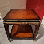 Square Burl-Veneer Sofa Side Table with Layered Top, Open Lower Shelf and Champagne Stainless Steel Details